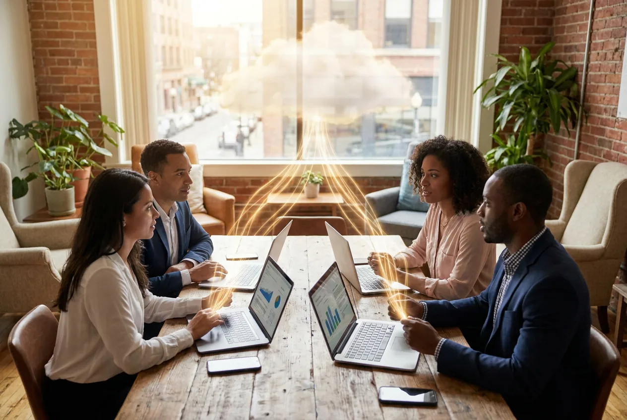 Team collaborating through cloud services