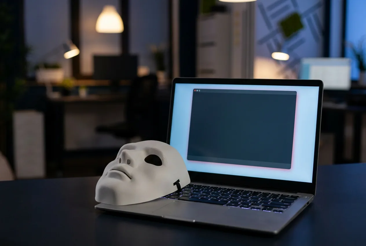 A mask resting on a laptop during a video call, representing deepfake job candidates